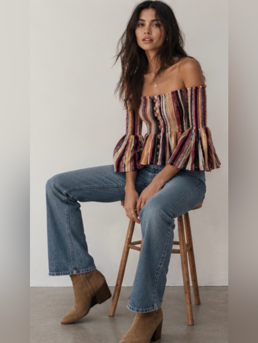 NWT Boutique Off-the-Shoulder Smocked Top | Multi-Color Stripe | Bell Sleeves